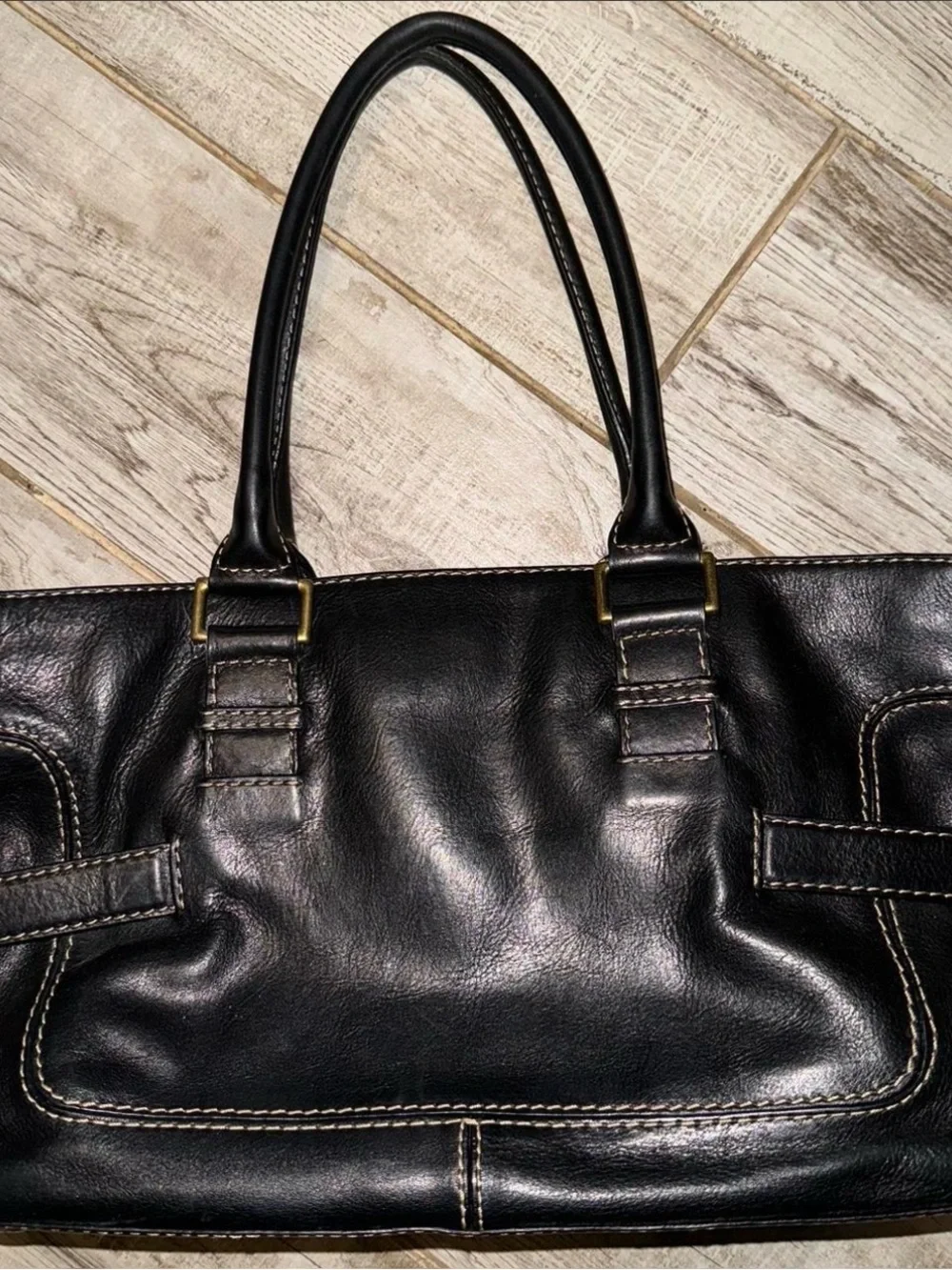 Vintage Michael Kors Black Leather Satchel with Brass Buckle